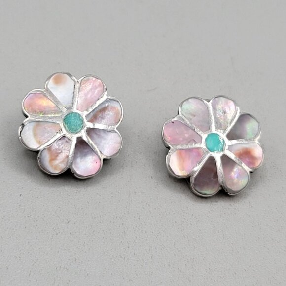Vintage Pink Mother of Pearl Turquoise Flower Silver Tone Clip On Earrings - Picture 1 of 5